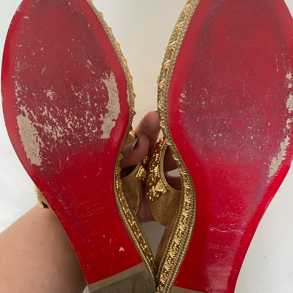 RARE Christian Louboutin Gold Spike Red Sole Platform Sandal Espadrille - Picture 9 of 16